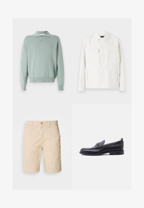 Leichte weiße Shirtjacke mit Kragen, zwei aufgesetzten Taschen vorne, seitlichen Schlitzen und Knopfverschluss. Glatte Stofftextur.; Hellgrüner, gestrickter Pullover mit Polo-Kragen, zwei Knöpfen, gerippten Bündchen und Saum. Weiche Textur und lockere Passform.; Beige Baumwollshorts mit einem Knopfverschluss an der Front, Seitentaschen und geradem Schnitt. Glatte Textur mit klaren Nähdetails.; Schwarzer Lederloafer mit grauem, strukturiertem Vorderblatt, silberner Metallschnalle, niedrigem Absatz und Zuglasche hinten.