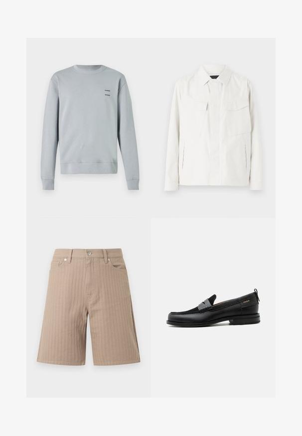 Witte lichtgewicht shirtjack met een kraag, twee voorpatchzakken, zijsplitten en knoopsluitingen. Gladde stoftextuur.; Lichtgrijze sweatshirt gemaakt van zachte stof, met een ronde halslijn, ribgebreide manchetten en zoom, voorzien van twee zwarte "SAMSØE" logo's op de borst.; Beige short gemaakt van gestructureerde stof met verticale strepen, een tailleband met een knoop aan de voorkant en zijzakken.; Zwarte leren loafer met grijs riemdetailelement, lage hak en gestructureerde zool, aan de zijkant gebrandmerkt met "HUGO" in goud.