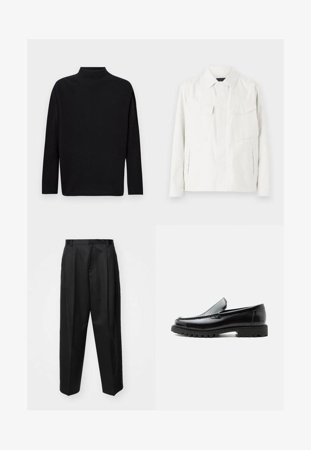 Camisa chaqueta ligera blanca con cuello, dos bolsillos frontales tipo parche, aberturas laterales y cierres de botones. Textura de tela suave.; Suéter negro de cuello alto, hecho de un suave material de punto, con mangas largas, corte holgado y un escote alto. Sin patrones ni herrajes visibles.; Pantalones negros ajustados con cintura alta, perneras anchas y pliegues marcados. Fabricados en un tejido suave con trabillas para el cinturón y sin hardware visible.; Mocasín de cuero negro con suela de goma gruesa, empeine cosido y nombre de la marca en relieve en el talón, mostrado en perfil lateral sobre fondo blanco.