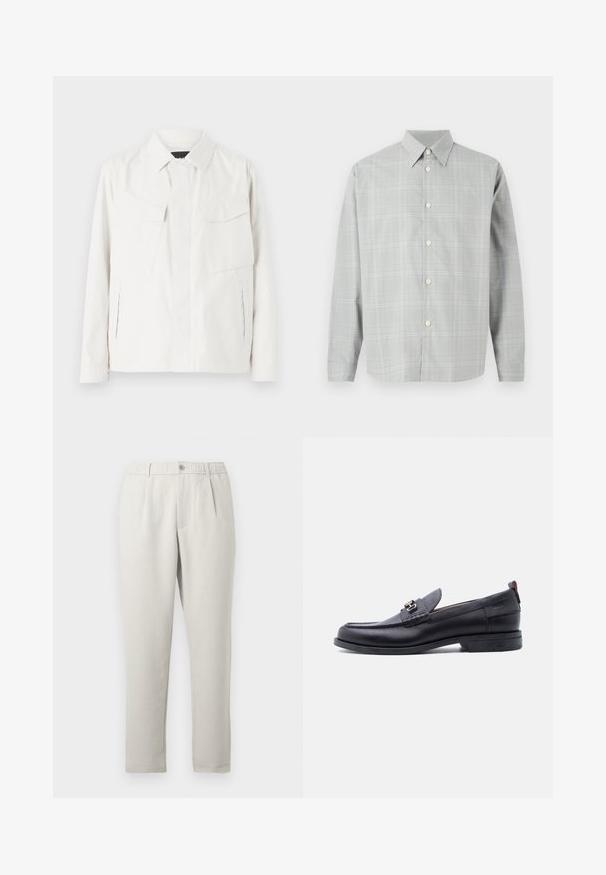 Veste légère blanche en tissu doux avec un col, deux poches plaquées à l'avant, fentes latérales et fermetures à boutons.; Chemise grise à manches longues avec un léger motif à carreaux, fermeture à boutons sur le devant, col pointu et texture de tissu lisse.; Pantalon beige clair à coupe décontractée avec une légère brillance, doté d'une taille élastique, de poches avant et d'une coupe fuselée.; Mocassin en cuir noir avec empeigne texturée grise, détail boucle en métal argenté, petit talon et languette à l'arrière.