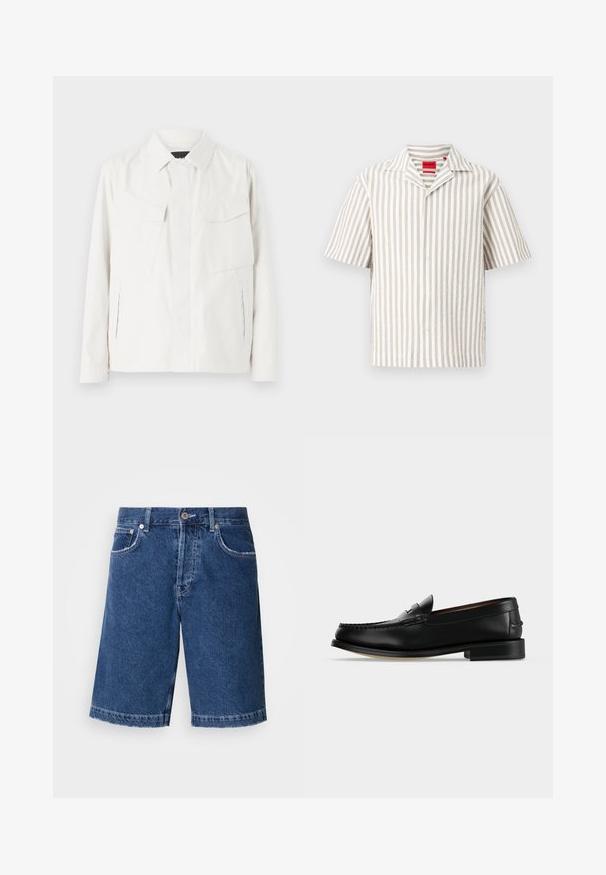 Witte lichtgewicht shirtjack met een kraag, twee voorpatchzakken, zijsplitten en knoopsluitingen. Gladde stoftextuur.; Kort mouwen overhemd met knopen, verticale beige en witte strepen en een campkraag, afgebeeld op een witte achtergrond.; Donkerblauwe denim shorts met een rechte snit, twee voorzakken en een klassieke knoopsluiting. Gestikte zoom met lichte vervaging.; Zwarte leren herenloafer met een lage hak en mocassinstiksels op de teen, zijaanzicht op een effen achtergrond.