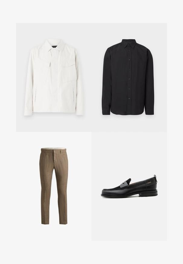 Witte lichtgewicht shirtjack met een kraag, twee voorpatchzakken, zijsplitten en knoopsluitingen. Gladde stoftextuur.; Zwart shirt met lange mouwen en een button-down kraag, gemaakt van gladde stof met een subtiel logo. Voorzien van knopen aan de voorkant en manchetten aan de mouwen.; Bruine linnen broek met een gestructureerde afwerking. Kenmerkt zich door een klassieke snit, zijzakken en een discrete sluiting aan de voorkant.; Zwarte leren loafer met grijs riemdetailelement, lage hak en gestructureerde zool, aan de zijkant gebrandmerkt met "HUGO" in goud.