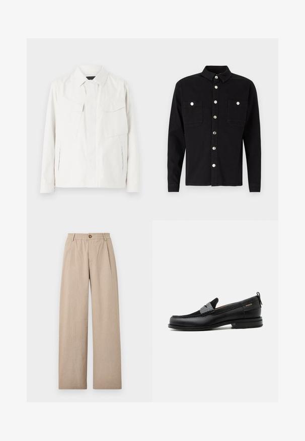 Camisa chaqueta ligera blanca con cuello, dos bolsillos frontales tipo parche, aberturas laterales y cierres de botones. Textura de tela suave.; Denim Project DPMDPLOOSE OVERSIZED DENIM SHIRT - Camisa - black washed; Pantalones de pierna ancha en color beige con un acabado texturizado, que cuentan con pliegues y una cinturilla elástica, asegurada por un botón de bronce en la parte delantera.; Mocasín de cuero negro con detalle de tira gris, tacón bajo y suela texturizada, con la marca "HUGO" en oro en el lateral.