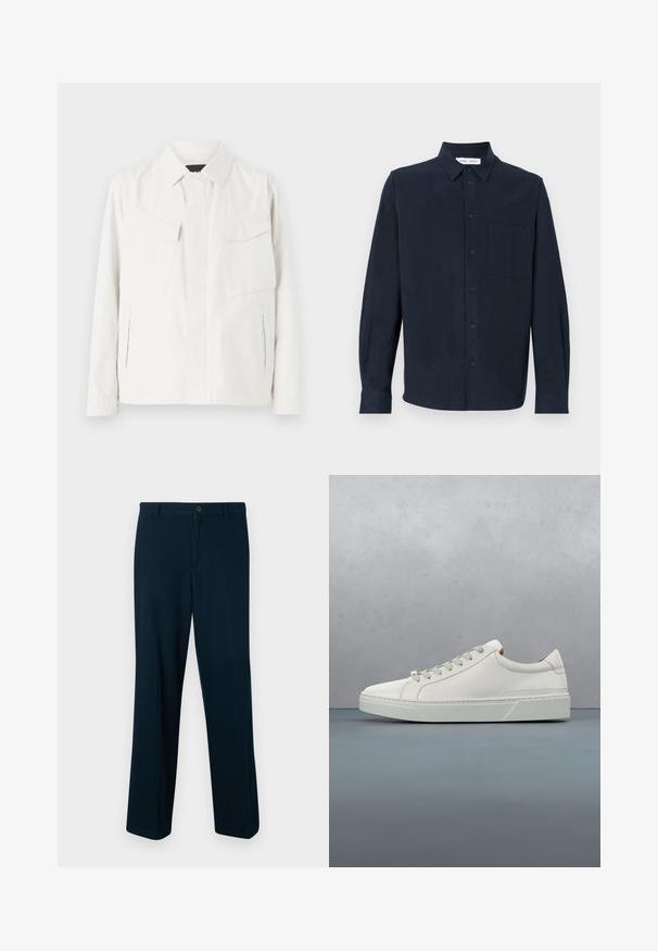 Veste légère blanche en tissu doux avec un col, deux poches plaquées à l'avant, fentes latérales et fermetures à boutons.; Chemise à manches longues bleu marine en tissu doux, avec un devant boutonné, un col pointu et une poche poitrine simple.; Pantalons bleu marine en tissu lisse, dotés d'une fermeture à bouton, d'une coupe droite et d'un design minimaliste.; Baskets en cuir blanc avec un bout arrondi, design minimaliste, lacets gris et semelle en caoutchouc gris texturé. Détails de couture subtils visibles.
