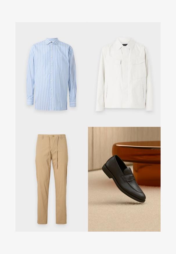 Veste légère blanche en tissu doux avec un col, deux poches plaquées à l'avant, fentes latérales et fermetures à boutons.; Chemise à manches longues bleu clair avec des rayures verticales blanches et bleu clair, design à boutons, col et un petit logo brodé sur la poitrine.; Pantalons en coton beige clair avec une taille à cordon de serrage, coupe fuselée, poches standard et fermeture à bouton à l'avant. Texture lisse.; Mocassin en cuir noir avec un petit talon, des détails cousus et une bride à la marque, posé sur un tapis beige près d'une table ronde en bois.