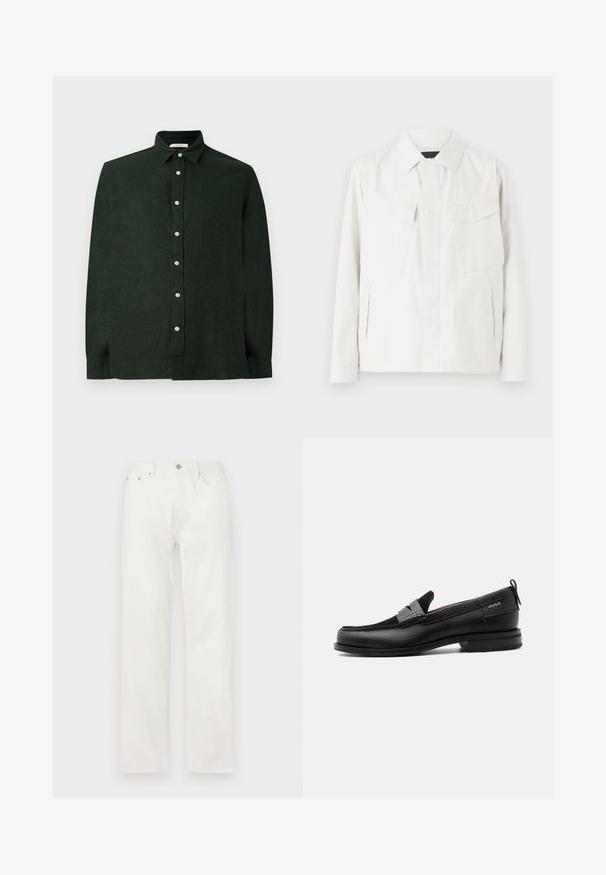 Camisa chaqueta ligera blanca con cuello, dos bolsillos frontales tipo parche, aberturas laterales y cierres de botones. Textura de tela suave.; Camisa de manga larga verde oscuro hecha de un tejido texturizado, con un cierre frontal de botones y un collar clásico. Diseño liso sin patrones.; Vaqueros vaqueros blancos de corte recto con bolsillos delanteros, trabillas para el cinturón y cierre con botón en la cintura, mostrados sobre un fondo liso.; Mocasín de cuero negro con detalle de tira gris, tacón bajo y suela texturizada, con la marca "HUGO" en oro en el lateral.