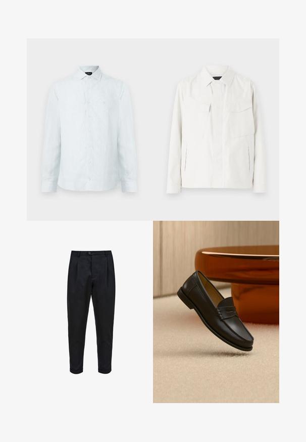 Veste légère blanche en tissu doux avec un col, deux poches plaquées à l'avant, fentes latérales et fermetures à boutons.; Chemise à boutons pour homme en bleu clair avec des rayures verticales blanches, col classique, manches longues et logo subtil sur la poitrine.; Pantalons noirs en tissu lisse, avec un devant plissé, une coupe fuselée et des ourlets roulés. Fermeture par bouton simple à la taille.; Chaussure mocassin en cuir noir suspendue au-dessus d’un tapis beige avec du mobilier moderne couleur ambre en arrière-plan.