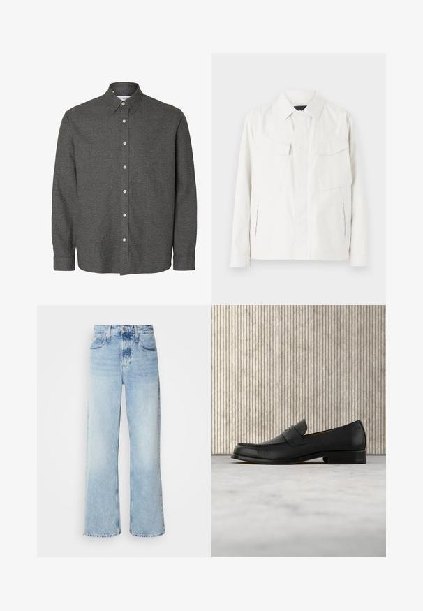 Witte lichtgewicht shirtjack met een kraag, twee voorpatchzakken, zijsplitten en knoopsluitingen. Gladde stoftextuur.; Donkergrijs overhemd met lange mouwen, knopen, een puntige kraag en witte knopen aan de voorzijde in het midden.; Lichtblauwe wijde jeans met een hoge taille, met een vervaagde afwerking, riemlussen en een klassieke vijf-pocketdesign. De zoom is ruig.; Zwarte leren loafer zweeft boven een beige tapijt met op de achtergrond een glanzende, ronde, bruine tafel.