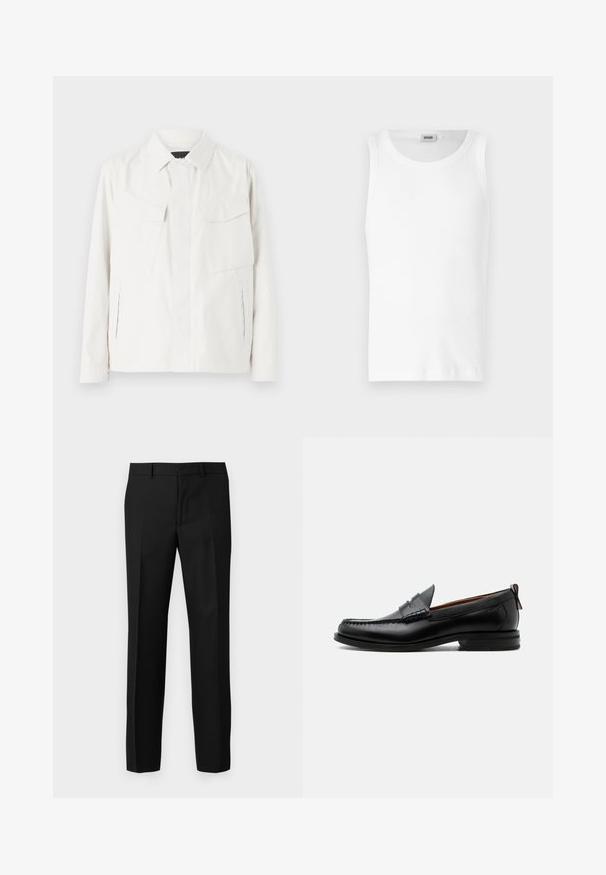 Camisa chaqueta ligera blanca con cuello, dos bolsillos frontales tipo parche, aberturas laterales y cierres de botones. Textura de tela suave.; Camiseta sin mangas de algodón blanco con cuello redondo y una textura suave. Diseño sencillo, sin patrones ni acentos.; Pantalones negros de corte ajustado con una textura suave, que cuentan con un diseño de pierna recta, pliegues frontales y una cinturilla plana. Sin bolsillos visibles.; Mocasín de hombre de piel negra con costura moc toe, tira penny, cuello texturizado y tacón bajo apilado sobre fondo blanco.