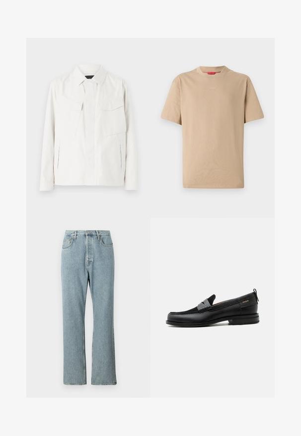Witte lichtgewicht shirtjack met een kraag, twee voorpatchzakken, zijsplitten en knoopsluitingen. Gladde stoftextuur.; Beige katoenen T-shirt met korte mouwen, ronde hals en subtiele "HUGO"-logo in het midden. Glad textuur, ontspannen pasvorm.; Lichtblauwe denim jeans met een hoge taille, brede rechte pijpen en eenvoudige stiksels. Heeft vijf zakken en een klassieke knoopsluiting.; Zwarte leren loafer met grijs riemdetailelement, lage hak en gestructureerde zool, aan de zijkant gebrandmerkt met "HUGO" in goud.