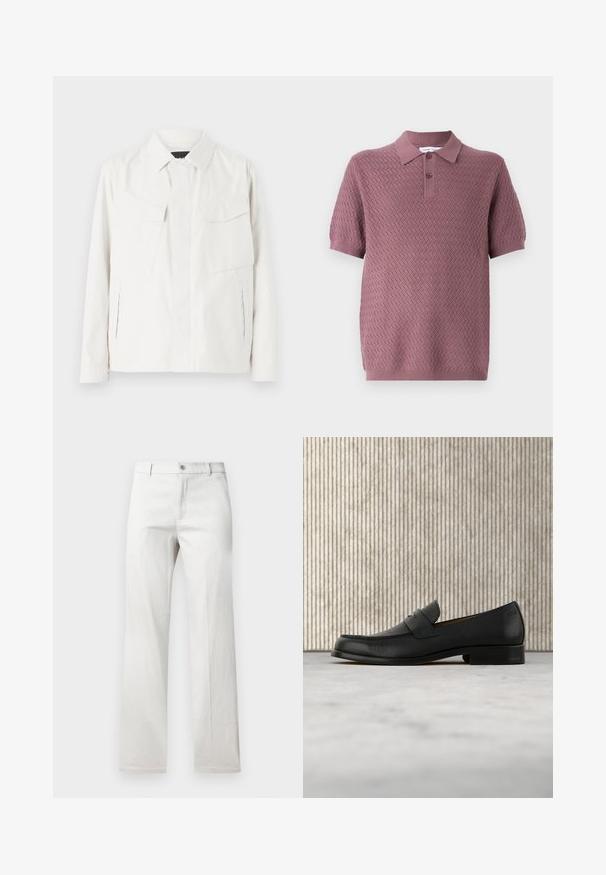 Veste légère blanche en tissu doux avec un col, deux poches plaquées à l'avant, fentes latérales et fermetures à boutons.; Polo à manches courtes en mauve avec un motif zigzag texturé, col pointu et deux boutons sur le patte de boutonnage. En maille douce.; Pantalon gris clair avec une coupe droite, fabriqué dans un tissu lisse, doté d'une fermeture à bouton à l'avant et de poches latérales.; Mocassin en cuir noir flottant au-dessus d'un tapis beige avec une table ronde brune brillante en arrière-plan.