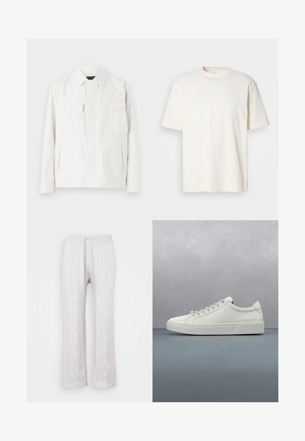 Veste légère blanche en tissu doux avec un col, deux poches plaquées à l'avant, fentes latérales et fermetures à boutons.; T-shirt uni à col rond, à manches courtes, de couleur blanc cassé, design unisexe, présenté sur un fond gris neutre.; Pantalons gris clair, coupe ample, en tissu lisse avec une taille élastique et un cordon de serrage. Jambes droites avec des plis subtils, sans motifs visibles.; Baskets en cuir blanc avec un bout arrondi, design minimaliste, lacets gris et semelle en caoutchouc gris texturé. Détails de couture subtils visibles.