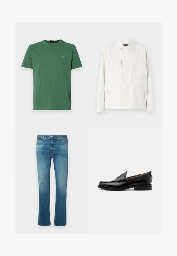 Veste légère blanche en tissu doux avec un col, deux poches plaquées à l'avant, fentes latérales et fermetures à boutons.; T-shirt en coton vert avec un col rond, des manches courtes et un petit logo doré sur la poitrine gauche. Texture douce, coupe régulière.; Jean en denim bleu avec une coupe droite, présentant une finition délavée, des distresses légères au niveau des genoux et un design classique à cinq poches.; Mocassin homme en cuir noir avec couture moc toe, bride penny, col texturé et petit talon empilé sur fond blanc.