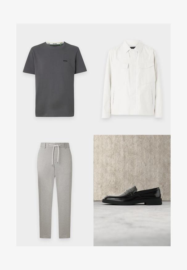 Witte lichtgewicht shirtjack met een kraag, twee voorpatchzakken, zijsplitten en knoopsluitingen. Gladde stoftextuur.; Grijze korte mouwen t-shirt van katoen, met een ronde hals en een logo-accent op de linkerborst en een contrasterend label aan de binnenkant van de hals.; Lichtgrijze strak vallende broek met lussen voor een riem en een witte trekkoordstrik in de taille, afgebeeld tegen een effen achtergrond.; Zwarte gepolijste leren loafer die boven een beige tapijt zweeft met oranje doorschijnend meubilair op de achtergrond.