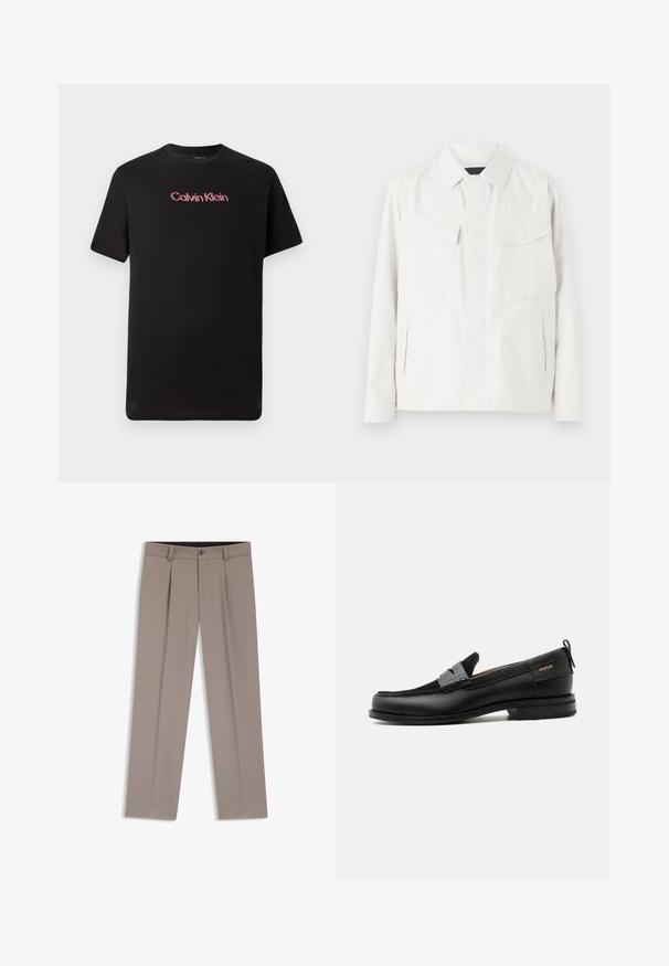 Witte lichtgewicht shirtjack met een kraag, twee voorpatchzakken, zijsplitten en knoopsluitingen. Gladde stoftextuur.; Zwarte T-shirt met korte mouwen, gemaakt van katoen, met een centraal Calvin Klein-logo in rood en wit, voorzien van een ronde hals en een ontspannen pasvorm.; Lichtbruine, op maat gemaakte herensbroek met ceintuurlussen, plooien, knopen aan de voorkant en ritssluiting, plat gelegd op een witte achtergrond.; Zwarte leren loafer met grijs riemdetailelement, lage hak en gestructureerde zool, aan de zijkant gebrandmerkt met "HUGO" in goud.