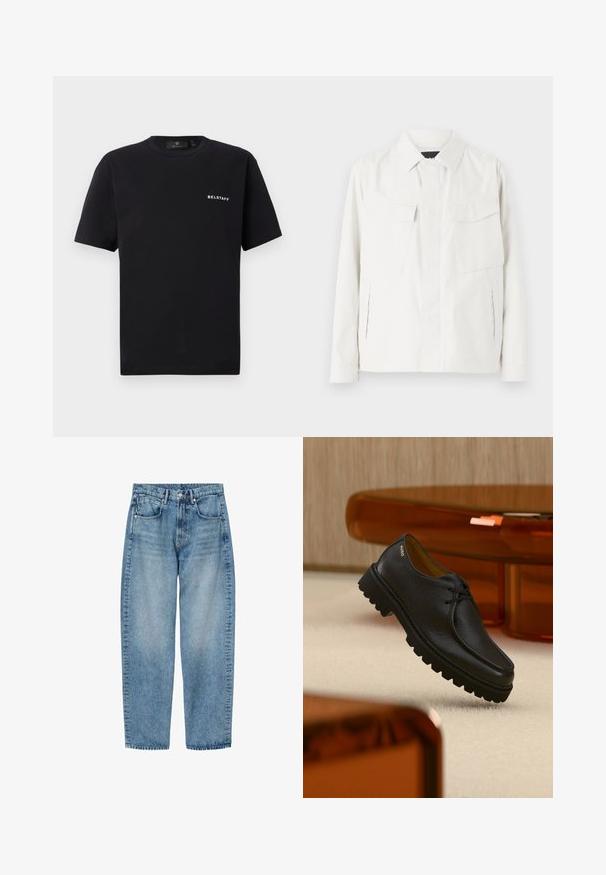 Hvid letvægts skjortejakke med krave, to forreste påsat lommer, sideslidser og knaplukninger. Glat stofstruktur.; Sort kortærmet T-shirt med rund halsudskæring og lille hvid "BELSTAFF" logo på venstre bryst mod en ensfarvet baggrund.; Lyseblå denim jeans med lige ben, forlommer, bæltestropper og knaplukning, vist fladt på en hvid baggrund.; Sort tekstureret lædersko med snørebånd og tyk rillet sål, mærket "HUGO" nær hælen, vist mod et beige tæppe og ravfarvet møbel.