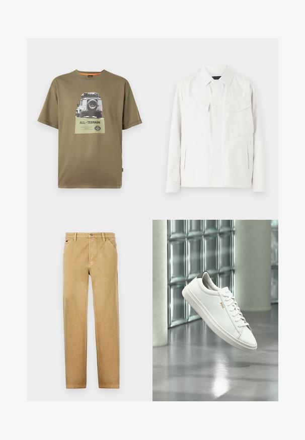 Hvid letvægts skjortejakke med krave, to forreste påsat lommer, sideslidser og knaplukninger. Glat stofstruktur.; Grøn bomulds T-shirt med korte ærmer, der har et grafisk tryk af et køretøj og teksten "ALL-TERRAIN" på et firkantet mærke.; Tan chinos med lige ben-design, lavet af blødt stof. Har forlommer, knaplukning og diskrete stikninger.; Hvid læder lav-top sneaker med snørebånd, sort hælflig og "BOSS"-logo, svævende indendørs nær glasblok væg og poleret gulv.