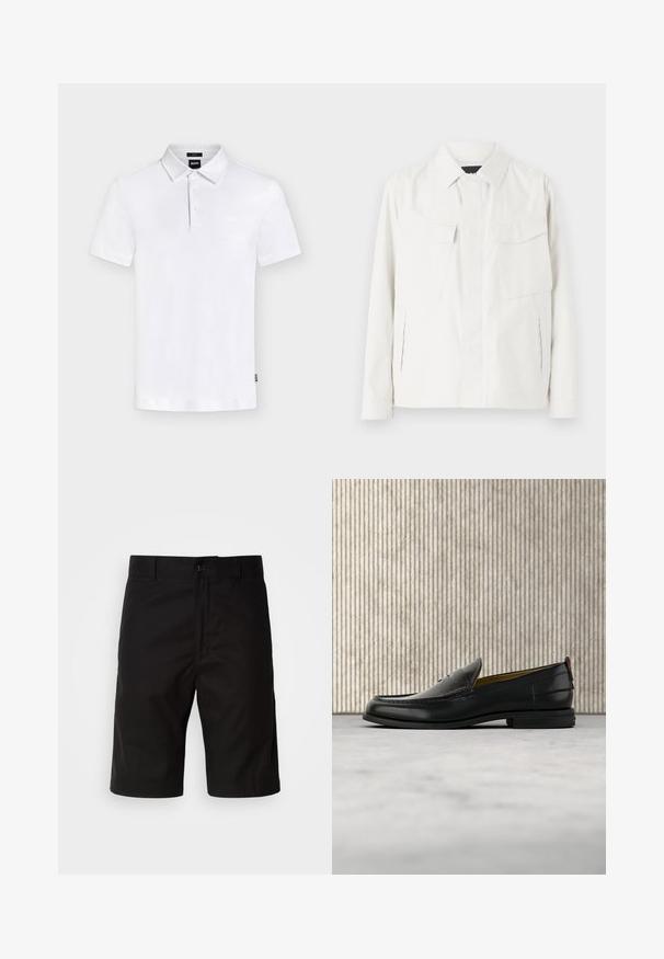 Camisa chaqueta ligera blanca con cuello, dos bolsillos frontales tipo parche, aberturas laterales y cierres de botones. Textura de tela suave.; Polo blanco de manga corta con cuello y tres botones, con un sutil logo "BOSS" en el pecho y una pequeña etiqueta en el lateral.; Pantalones cortos negros de tela sólida, con corte recto, cierre de botón y una textura suave sin patrones visibles.; Mocasín de cuero negro para hombre con empeine grabado en relieve de cocodrilo y tacón bajo, mostrado de perfil sobre un fondo neutro.