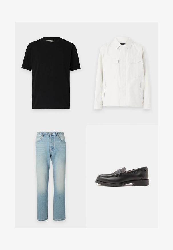 Veste légère blanche en tissu doux avec un col, deux poches plaquées à l'avant, fentes latérales et fermetures à boutons.; T-shirt noir à manches courtes en coton avec un col rond et une coupe ample. Texture lisse, sans motifs ni logos visibles.; Jeans bleu clair fabriqués en denim, présentant un design à jambe droite, une structure à cinq poches et un effet délavé au niveau des cuisses.; Mocassin noir en cuir avec un petit talon et une partie supérieure texturée, affiché de profil sur un fond clair uni.
