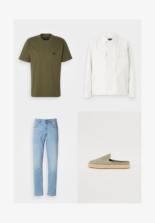 Camisa chaqueta ligera blanca con cuello, dos bolsillos frontales tipo parche, aberturas laterales y cierres de botones. Textura de tela suave.; Camiseta de manga corta verde oliva hecha de algodón, con un cuello redondo y un pequeño logotipo bordado en el lado izquierdo del pecho. Textura suave.; Jeans de mezclilla azul claro con un corte recto, cinco bolsillos y trabillas para cinturón. La tela presenta una textura suave con un ligero efecto de desvanecimiento.; Zapato verde de ante tipo slip-on con suela de yute estilo espadrille. Diseño de puntera redondeada y talón abierto. Marca sutil en el lateral.