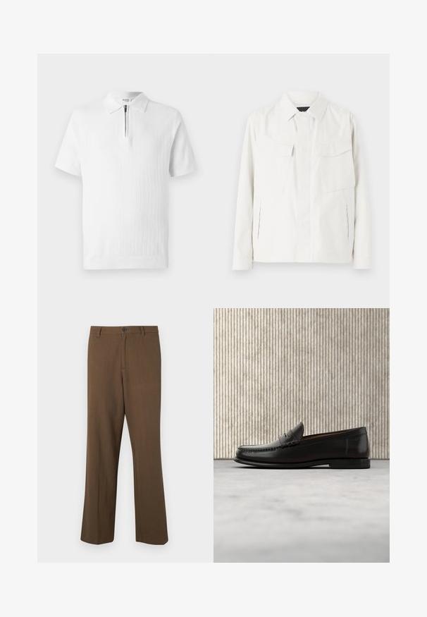 Veste légère blanche en tissu doux avec un col, deux poches plaquées à l'avant, fentes latérales et fermetures à boutons.; Polo shirt blanc à manches courtes avec un tricot texturé, doté d'un col zippé et d'un ourlet côtelé. Design épuré adapté à une tenue décontractée.; Pantalons marron à jambes droites en tissu texturé, avec une fermeture à bouton et une taille standard, dotés de poches latérales et de coutures ajustées.; Mocassin penny en cuir noir avec talon bas, bout arrondi et détails cousus à l'avant et sur les côtés, présenté sur un fond neutre.
