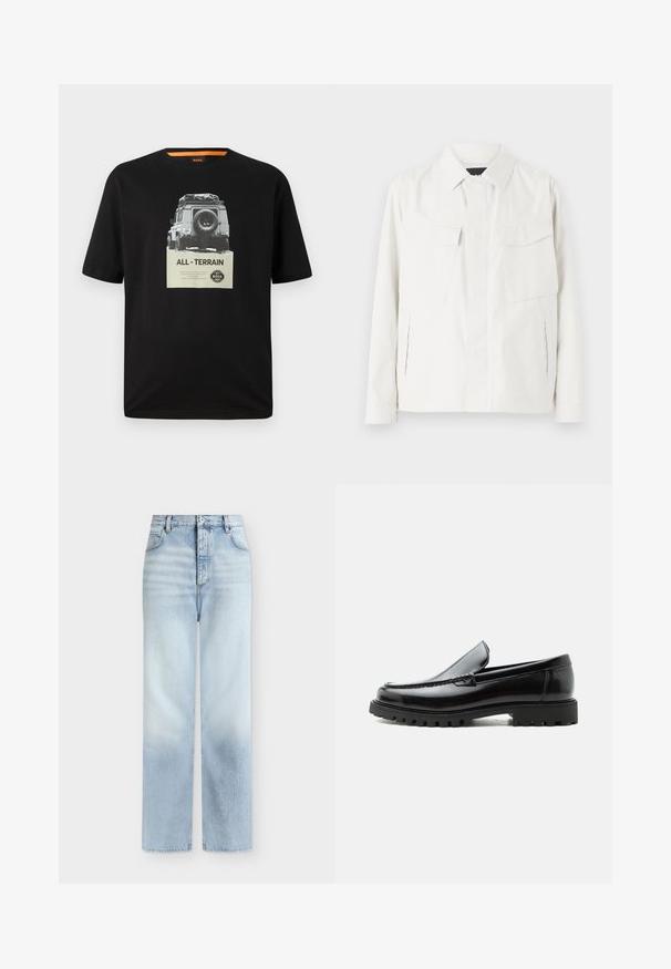 Veste légère blanche en tissu doux avec un col, deux poches plaquées à l'avant, fentes latérales et fermetures à boutons.; T-shirt en coton noir avec un col rond, affichant un imprimé graphique d'un véhicule classique et le texte "ALL - TERRAIN" sur la poitrine.; Jeans bleu clair taille haute à jambes droites, avec poches avant, passants de ceinture et fermeture par bouton.; Mocassin en cuir noir avec semelle en caoutchouc épaisse, dessus cousu et nom de marque embossé sur le talon, présenté de profil sur fond blanc.
