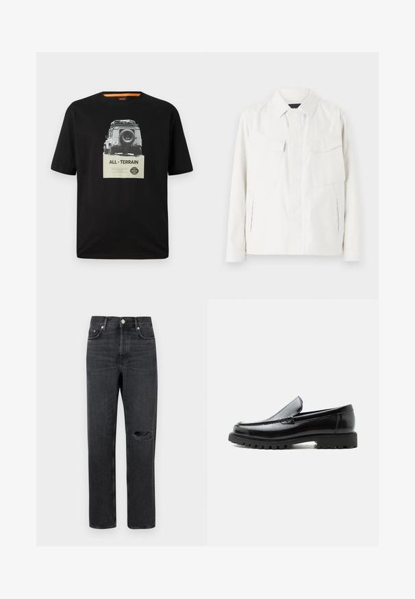 Leichte weiße Shirtjacke mit Kragen, zwei aufgesetzten Taschen vorne, seitlichen Schlitzen und Knopfverschluss. Glatte Stofftextur.; Schwarzes Baumwoll-T-Shirt mit Rundhalsausschnitt, das einen grafischen Druck eines klassischen Fahrzeugs und den Text "ALL - TERRAIN" auf der Brust zeigt.; Schwarze Denim-Jeans mit geradem Bein, featuring ein zerrissenes Knie, Fünf-Taschen-Design und Metallbeschläge an der Taille und den Taschen.; Schwarzer Lederloafer mit grober Gummisohle, genähter Oberseite und geprägtem Markennamen an der Ferse, seitlich auf weißem Hintergrund gezeigt.