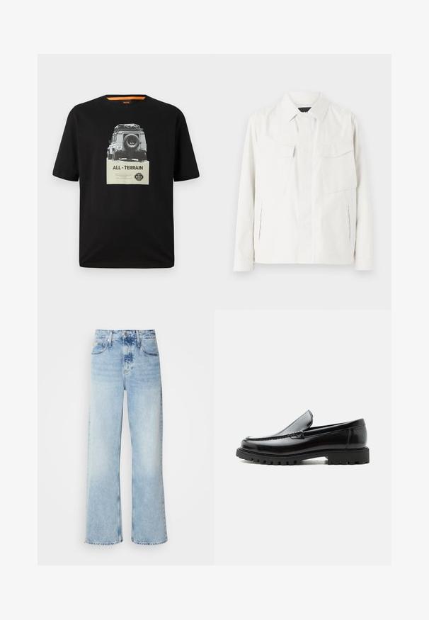 Hvid letvægts skjortejakke med krave, to forreste påsat lommer, sideslidser og knaplukninger. Glat stofstruktur.; Sort bomulds T-shirt med rund hals, der har et grafisk print af et klassisk køretøj og teksten "ALL - TERRAIN" på brystet.; Lysblå vide jeans med høj talje, der har en falmet finish, bæltestropper og klassisk fem-lomme design. Kantene er rå.; Sort læderloafer med chunky gummisål, syet overdel og præget mærkenavn på hælen, vist i sideprofil på hvid baggrund.