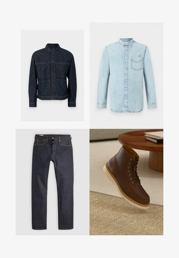 Dunkelblaue Denimjacke mit Knopfverschluss, zwei Vordertaschen und klassischem Kragen, vor weißem Hintergrund dargestellt.; Hellblaues Denim-Hemd mit langen Ärmeln, Knopfleiste vorne, einer Brusttasche mit Calvin Klein-Logo und spitzem Kragen.; Dunkelblaue Jeans aus Denim mit geradem Bein, versehen mit orangefarbener Naht und klassischem Five-Pocket-Design. Verschluss mit Knopf und Reißverschluss.; Braune Leder-Ankle-Boots mit beiger Sohle auf einem strukturierten beigen Teppich neben einem runden Holztisch mit gestapelten Büchern.