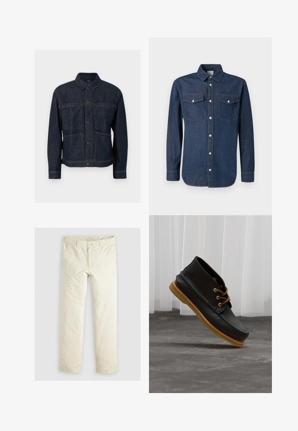 Donkerblauwe spijkerjas met knoopsluiting, twee voorzakken en een klassieke kraag, afgebeeld tegen een witte achtergrond.; Donkerblauwe denim blouse met een klassieke kraag, lange mouwen en twee borstzakken. Voorzien van witte knopen en contrasterende stiksels.; Lichtbeige losse broek met drie zakken, riemlussen en een recht model. Gemaakt van een zachte katoenmix.; Zwarte leren schoenen met een gladde afwerking, ronde neus, bruine veters en lichtbruine rubberen zolen. Logo gegraveerd aan de zijkant.