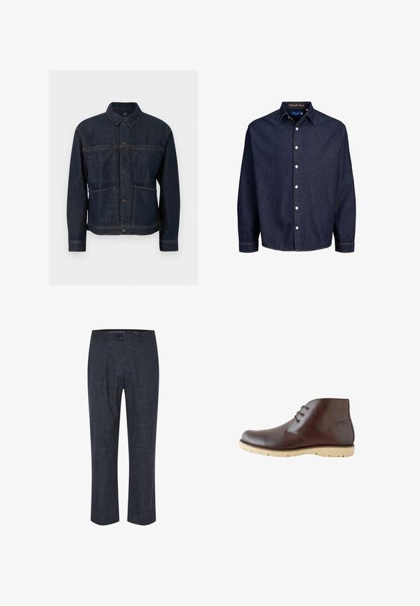 Chaqueta vaquera azul oscuro con cierre de botones, dos bolsillos delanteros y cuello clásico, mostrada sobre un fondo blanco.; Camisa de mezclilla azul oscuro con frente abotonado, mangas largas y cuello clásico, que presenta botones blancos y costuras en contraste.; Pantalones azul marino fabricados en tejido texturizado, con un diseño de frente plano, cierre de botón y piernas rectas con sutiles patrones de color claro.; Botas de tobillo de cuero marrón con un acabado suave, que cuentan con un cordón de dos ojetes, una puntera redondeada y suelas de goma ligeras con ranuras de tracción.