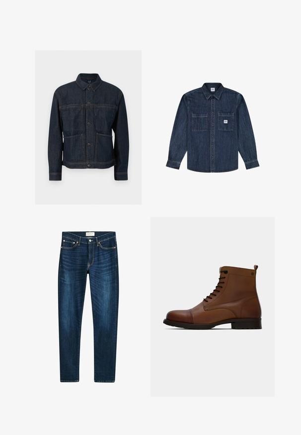Mørkeblå denimjakke med knaplukning, to forlommer og en klassisk krave, vist mod en hvid baggrund.; Mørkeblå denimskjorte med lange ærmer og knapper foran, to brystlommer, hvoraf den ene har et lille Lee-logo.; Mørkeblå jeans lavet af denim, med en lige ben-design, fem lommer, kobberfarvede nitter og subtilt farvetone på stoffet.; Jack & Jones JFWSHAUN BOOT - Snørestøvletter - cognac