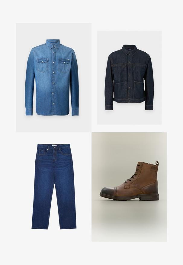 Veste en denim bleu foncé avec fermeture par boutons, deux poches avant et un col classique, présentée sur fond blanc.; Chemise en denim bleu moyen, avec des manches longues, une fermeture à boutons sur le devant, deux poches sur la poitrine et un col pointu classique.; Jean en denim bleu foncé avec une coupe droite, équipé d'une fermeture boutonnée et à zip, de cinq poches et de détails de couture visibles.; Botte cheville en cuir marron à lacets avec bout noir, semelle ronde et détail de marque sur le côté sur fond uni.