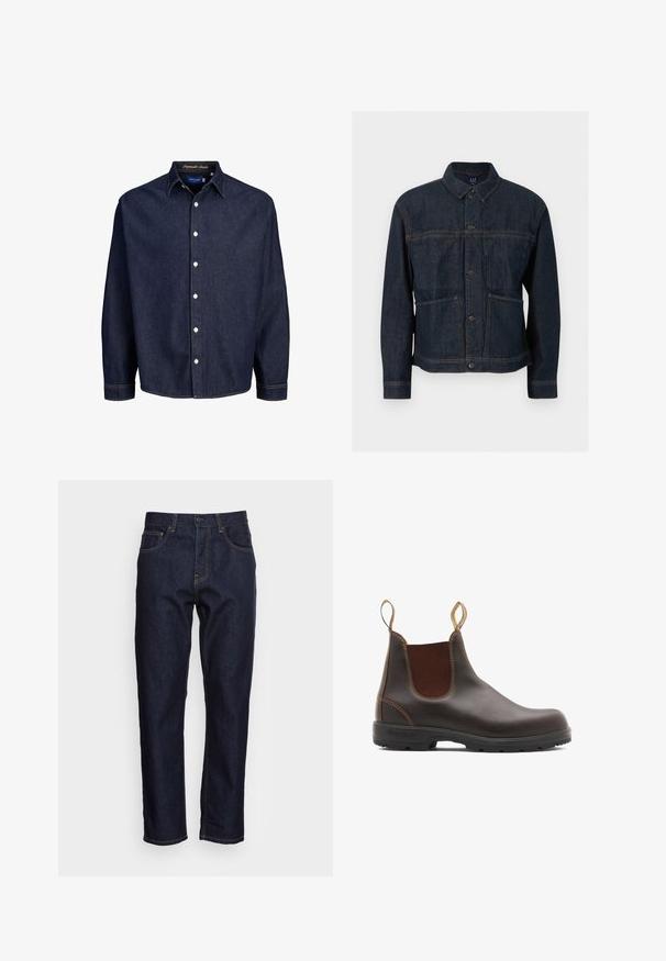 Chaqueta vaquera azul oscuro con cierre de botones, dos bolsillos delanteros y cuello clásico, mostrada sobre un fondo blanco.; Camisa de mezclilla azul oscuro con frente abotonado, mangas largas y cuello clásico, que presenta botones blancos y costuras en contraste.; Vaqueros de mezclilla azul oscuro con corte recto, cinco bolsillos y costuras amarillas en contraste. Diseñados con un cierre clásico de botón y cremallera.; Botas Chelsea de cuero marrón con paneles laterales elásticos y tiradores. Parte superior texturizada, suela de goma duradera y detalle de costura en contraste.