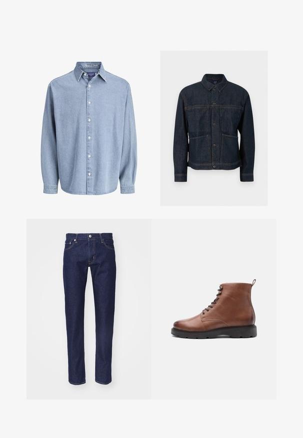 Donkerblauwe spijkerjas met knoopsluiting, twee voorzakken en een klassieke kraag, afgebeeld tegen een witte achtergrond.; Lichtblauwe denim lange mouw knoophemd met kraag en witte knopen, weergegeven tegen een effen witte achtergrond.; Marineblauwe denim spijkerbroek met een rechte pasvorm, vijf-pocket ontwerp, contrasterende oranje stiksels en een zilveren knoopsluiting aan de taille.; Bruine leren enkelboots met een ronde neus, veter sluiting en een zwarte rubberen zool. Voorzien van een lus aan de achterkant voor een gemakkelijker aan- en uittrekken.