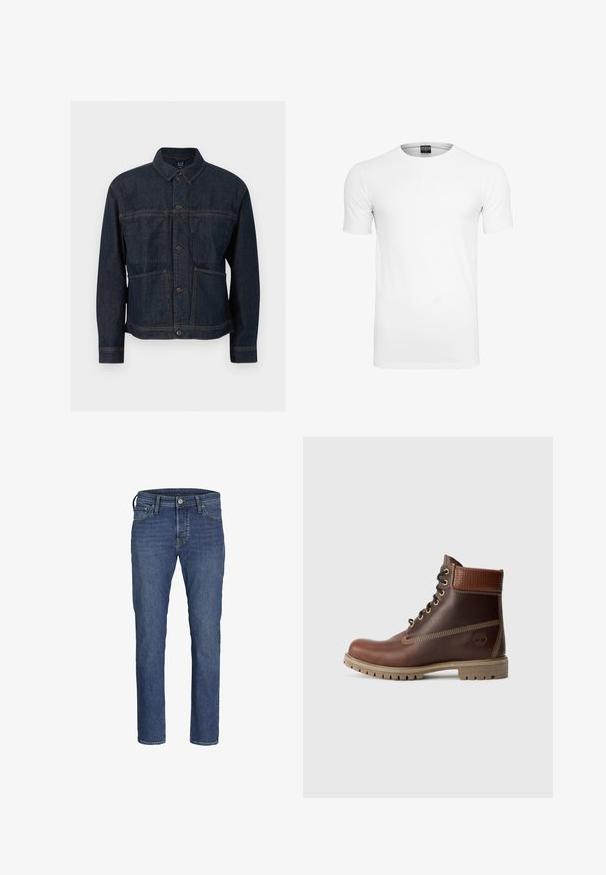 Tummansininen farkkutakki napituksella, kahdella etutaskulla ja klassisella kauluksella, esitetty valkoisella taustalla.; Lyhyet hihat, yksinkertainen valkoinen crew neck -t-paita valkoista taustaa vasten, etukuva esillä, ja bränditunnus näkyvissä kauluksessa.; Miestne modré džínsy s rovnými nohavicami, päť vreciek a klasickým zapínaním na gombík a zips.; Ruskohitsit nahkasaappaat, joissa on nauhakiinnitys, pehmustettu kaulus, kontrastiväriset ompeleet ja kestävä pohja. Kuvassa saappaat esitetään ulkopuolelta valkoista taustaa vasten.