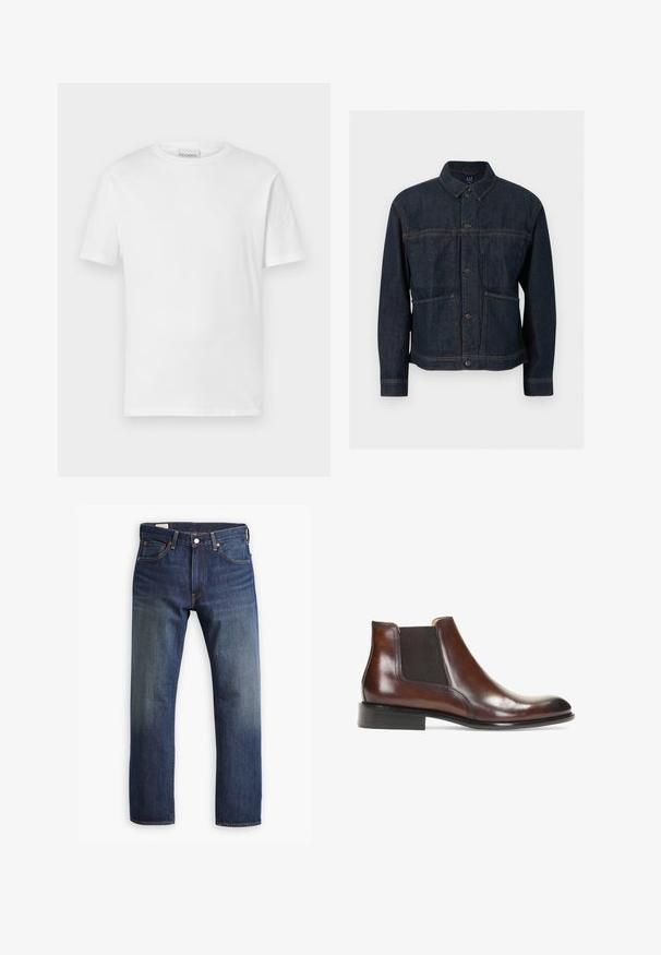 Veste en denim bleu foncé avec fermeture par boutons, deux poches avant et un col classique, présentée sur fond blanc.; T-shirt blanc à manches courtes en coton. Présente un col rond et un ourlet droit. Sans motifs ni embellissements. Design simple.; Jean en denim bleu foncé avec une coupe droite, présentant un style classique à cinq poches, une fermeture à bouton en métal et des accents de couture visibles.; Bottine en cuir marron avec des panneaux latéraux élastiques, une finition lisse, des coutures décoratives et un talon rectangulaire bas.