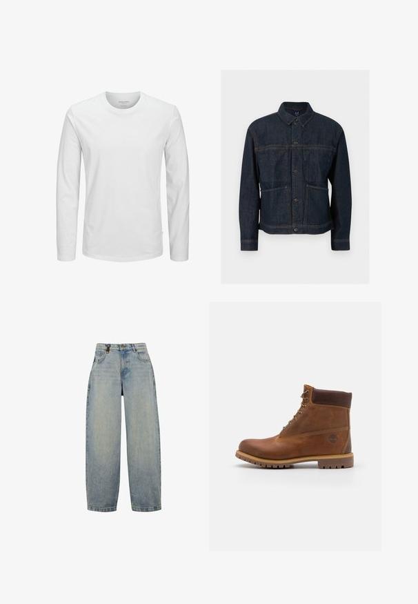 Chaqueta vaquera azul oscuro con cierre de botones, dos bolsillos delanteros y cuello clásico, mostrada sobre un fondo blanco.; Camiseta blanca de manga larga confeccionada en algodón. Presenta un cuello redondo, corte regular y una etiqueta de marca sutil en el costado. Textura suave.; Jeans de mezclilla azul claro con un corte relajado, que presentan una cintura alta, piernas anchas, diseño clásico de cinco bolsillos y acentos de herrajes de metal.; Botas de senderismo de cuero marrón con un acabado suave, tobillo acolchado, ojales de metal y suela de goma con un patrón de tracción robusto.