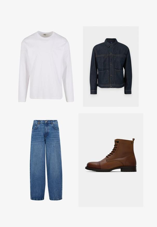 Mørkeblå denimjakke med knaplukning, to forlommer og en klassisk krave, vist mod en hvid baggrund.; Hvid langærmet t-shirt lavet af blød bomuld, med en rund halsudskæring og et enkelt, sømløst design uden grafiske mønstre eller pynt.; Vida jeans i medium blå denim. Har en høj talje, klassisk fem-lomme design og subtil fading langs benene. Standard kant.; Jack & Jones JFWSHAUN BOOT - Snørestøvletter - cognac