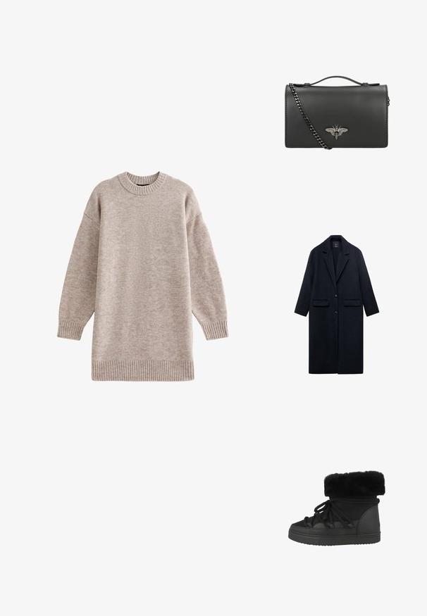 Mørkeblå uldfrakke med notch-krave, to forlommer, enkelt knaplukning og lige silhuet. Tekstureret stof med glat finish.; Beige oversized sweater, strikket tekstur, rund halsudskæring, ribbede manchetter og kant, blødt stof, afslappet pasform, minimale sømme, alsidigt design.; Sorte ankelstøvler med kunstpels, der har struktureret materiale, rund tå og flad gummisål. Inkluderer snørebånd til lukning.; Sorte læder crossover taske med et sølvfarvet møl emblem, en top håndtag og en aftagelig kædstrappe, som har en glat overflade og en struktureret form.