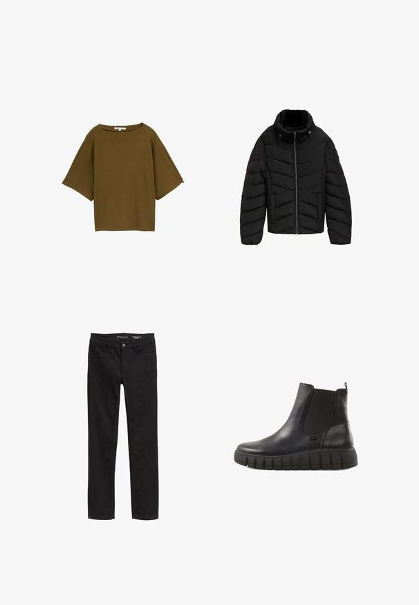 Schwarze gefütterte Jacke mit hohem Kragen, Chevron-Steppmuster, Frontreißverschluss und weicher Innenauskleidung. Texturiertes Material für Wärme und Komfort.; Braunes, kurzärmliges Oberteil mit lockerer Passform, aus strukturierter Stoffqualität. Verfügt über einen weitem Ausschnitt und ein kastiges Design.; Schwarze Straight-Leg-Jeans aus Denim, mit fünf Taschen, einem Knopfverschluss und subtiler Textur. Markenlogo im Innenbund.; Schwarze Knöchelboots aus glänzendem Leder, mit elastischen seitlichen Einsätzen und einer dicken, strukturierten Gummisohle mit horizontalen Rillen.