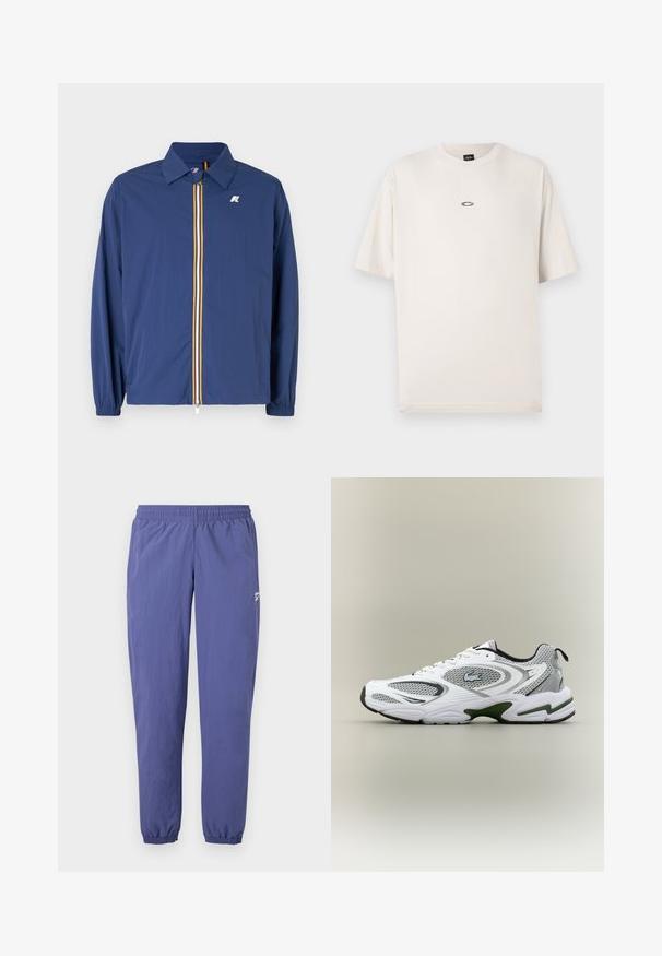Lichtgewicht marineblau jasje met een omhoogstaande kraag, een rits aan de voorkant met multikleurige strepen en elastische manchetten voor een perfecte pasvorm.; Oakley RISE TEE - T-shirt basic - mist; Paarse windbreaker broek met een elastische tailleband, taps toelopende pijpen, elastische manchetten en een zijzak met een klein logo detail.; Witte en grijze sportieve hardloopschoen met meshpanelen, groene accenten, zwarte details en een logo aan de zijkant, getoond vanaf de buitenkant.