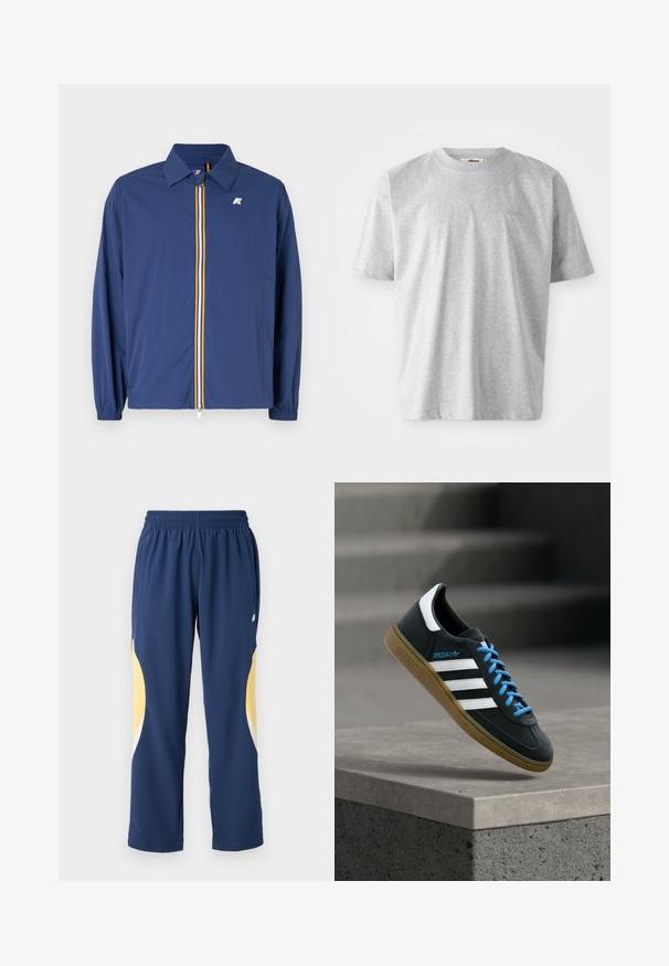 Chaqueta ligera de color azul marino con cuello tipo solapa, cremallera frontal con rayas multicolores y puños elásticos para un ajuste ceñido.; Camiseta gris de manga corta hecha de tela suave. Presenta un escote redondo y un logo sutil bordado en el frente.; Pantalones deportivos azul marino con una cinturilla elástica. Presentan acentos curvados en amarillo y blanco a los lados. Tejido suave y liso.; Zapatilla negra Adidas con franjas blancas, cordones azules y suela de goma flotando sobre un escalón de hormigón gris con luz suave.