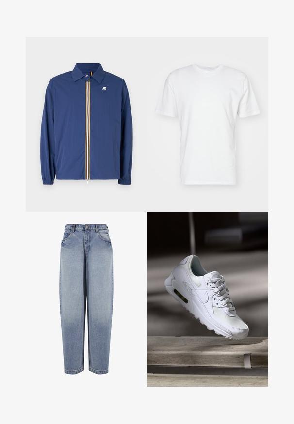 Chaqueta ligera de color azul marino con cuello tipo solapa, cremallera frontal con rayas multicolores y puños elásticos para un ajuste ceñido.; Camiseta de algodón blanca con manga corta, escote redondo y una textura suave. Diseño simple sin patrones ni gráficos.; Vaqueros azules de mezclilla de tiro alto y corte holgado, con bolsillos delanteros, trabillas para cinturón, cierre de botones y detalles desgastados a lo largo de las piernas.; Zapatilla Nike Air Max 90 blanca con parte superior de malla y cuero, caja de puntera perforada y unidad de aire visible en el talón.