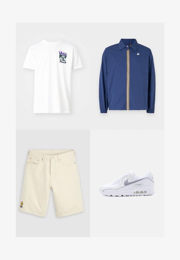 Marineblaue, leichte Jacke mit Kragen, Frontreißverschluss, der mehrfarbige Streifen aufweist, und elastischen Bündchen für eine perfekte Passform.; Weißes Baumwoll-T-Shirt mit einem grafischen Druck in Lila, der eine sitzende Figur zeigt, mit dem Text "Obey" und "Stop Worry Now!" in Schwarz.; Off-white Denimshorts mit Frontknopf, Gürtelschlaufen, fünf Taschen und einem kleinen mehrfarbigen gestickten Logo am linken Bein.; Weißer und grauer Nike Air Max Sneaker mit sichtbarer Luftdämpfung in der Sohle, Obermaterial aus Mesh und Leder sowie Nike-Swoosh an der Seite.
