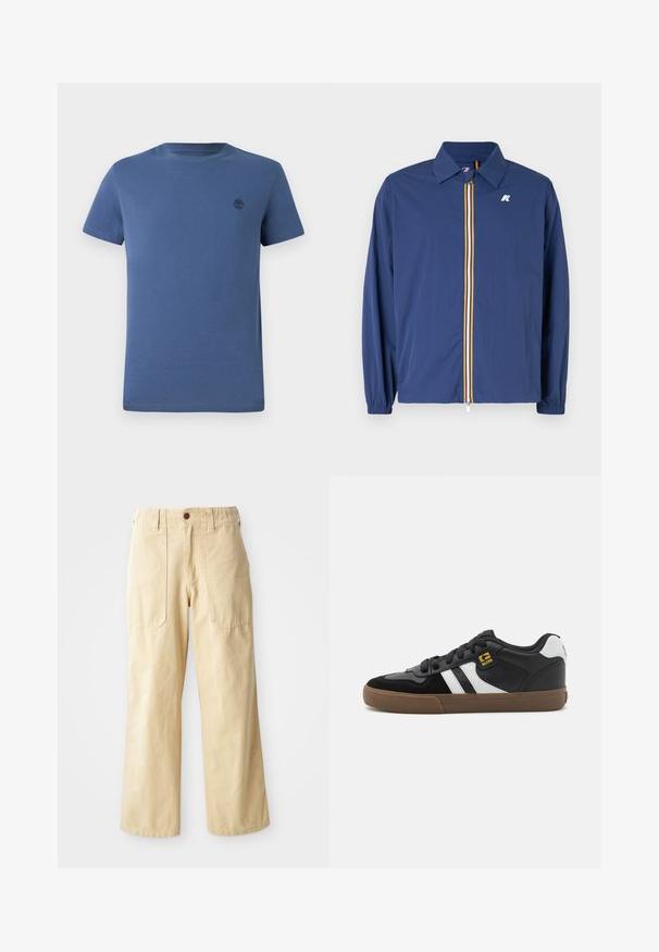 Marineblaue, leichte Jacke mit Kragen, Frontreißverschluss, der mehrfarbige Streifen aufweist, und elastischen Bündchen für eine perfekte Passform.; Blaues Rundhals-T-Shirt aus Baumwolle, mit kurzen Ärmeln und einem kleinen, dunklen Baum-Logo auf der linken Brustseite.; Beige Weitbein-Hosen aus Baumwolle. Sie haben eine hohe Taille, zwei vordere Taschen mit flachem Design und einen einzelnen Knopfverschluss.; Schwarz-weiße Sneakers mit einem Obermaterial aus Wildleder und Leder, ausgestattet mit weißen Streifen, schwarzen Schnürsenkeln und einer braunen Gummisohle. Mit goldenen Logo-Akzenten.