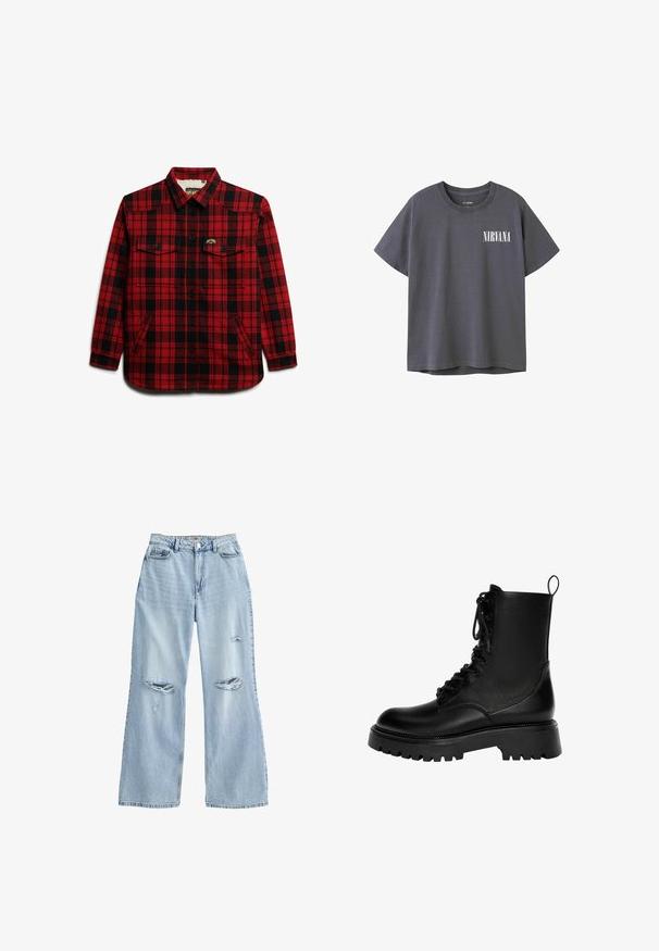 Rød og sort ternet flanneljakke med knaplukning foran, to brystlommer og krave foret med fleece. Blød tekstur og slidstærkt stof.; Mørkegrå bomulds t-shirt med korte ærmer og rund hals, med et hvidt "NIRVANA" grafik på venstre brystområde.; Lyseblå, vide jeans i denim med slidte revner på lårene, høj talje og standard fem-lomme design.; Sorte snørebånd ankelstøvler lavet af syntetisk læder, med en kraftig sål, trækstrop og fremtrædende syninger.