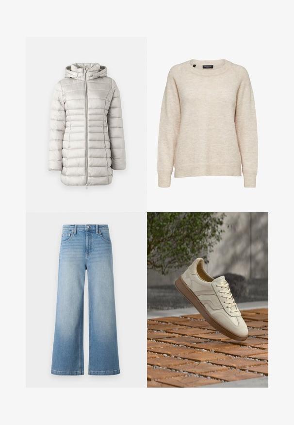 Chaqueta acolchada de color gris claro con costuras horizontales, capucha y cremallera frontal. Textura suave con un acabado ligeramente brillante.; Jersey beige de manga larga de mezcla de lana con cuello redondo, puños y bajo acanalados, talla mediana, etiqueta con la inscripción "Selected Femme."; Jeans de mezclilla de tiro alto de denim azul claro con corte ancho, diseño de cinco bolsillos, costuras visibles y cierre de botón en la parte delantera.; Zapatilla de color crema con suela de goma beige texturizada, diseño con cordones y sutiles detalles de marca en el lateral. Parte superior de cuero liso.