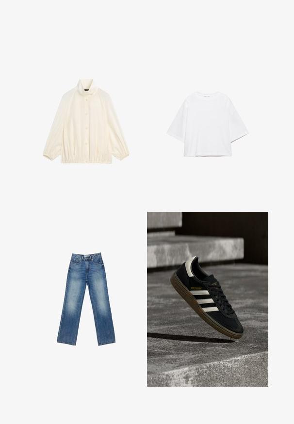 Langærmet jakke i cremefarve med høj krave, knappet front, elastiske manchetter og elastisk, rynket kant.; Hvid, kortærmet, løs t-shirt lavet af blød bomuld. Har rund halsudskæring og brede ærmer, med et rent, enkelt design.; Blå denim wide-leg jeans med en falmet finish, fem lommer, synlig syning, knap- og lynlåslukning, samt en lige pasform.; Sort Adidas-sneaker med hvide striber og gummisåler, svævende over grå betontrapper i naturligt lys.