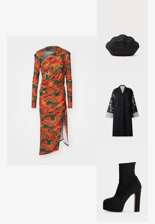 Sort lang frakke med blomsterprintede ærmer, knappelukning foran og stribede indvendige manchetter og kraveforet af Stine Goya.; Langærmet kjole i et vibrerende orange, grønt og gult abstrakt mønster. Stoffet er glat med draperede detaljer og en sideslids.; Sort ankelstøvle med høj plateauhæle, tyk hæl og glat stofoverdel mod en ensfarvet lys baggrund.; Sort flet håndtaske formet som en muslingeskal med en buet top og flettet tekstur på en ensfarvet baggrund.